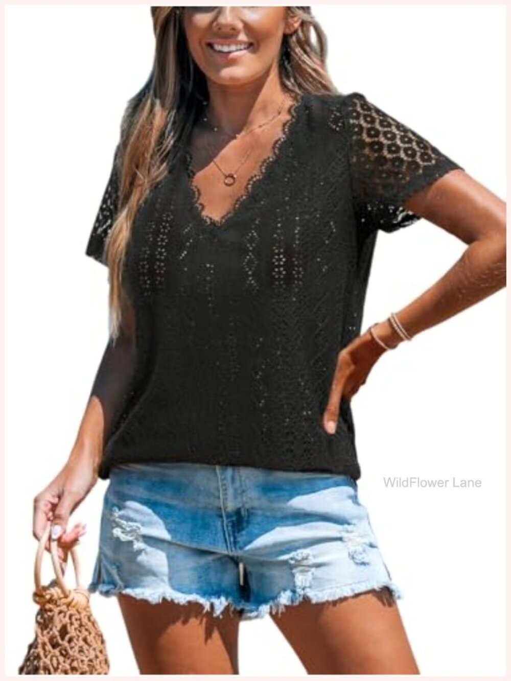 CUPSHE Eyelet Summer Blouse Scalloped Lace V Neck Short Sleeve